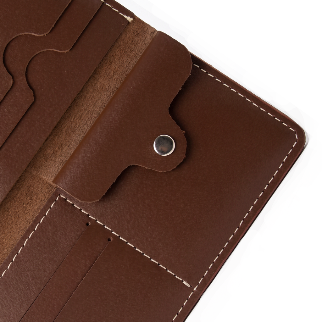Handmade Full Grain Brown Leather Bifold Long Wallet: Slim Minimalist Design