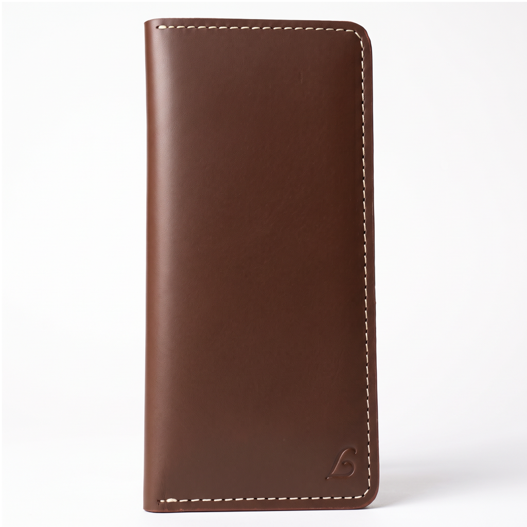 Handmade Full Grain Brown Leather Bifold Long Wallet: Slim Minimalist Design