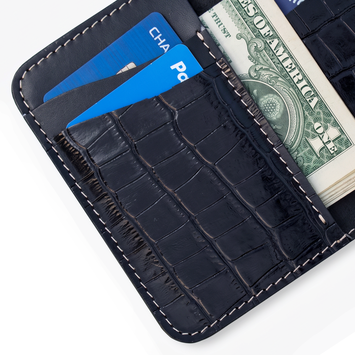 Handmade Full Grain Leather Bifold Wallet: Slim Vertical Alligator Design