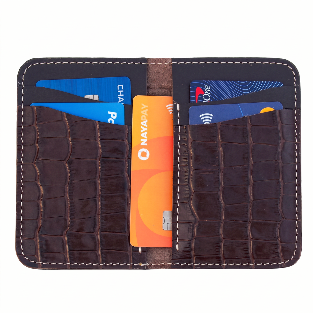 Handmade Full Grain Leather Bifold Wallet: Slim Vertical Alligator Design