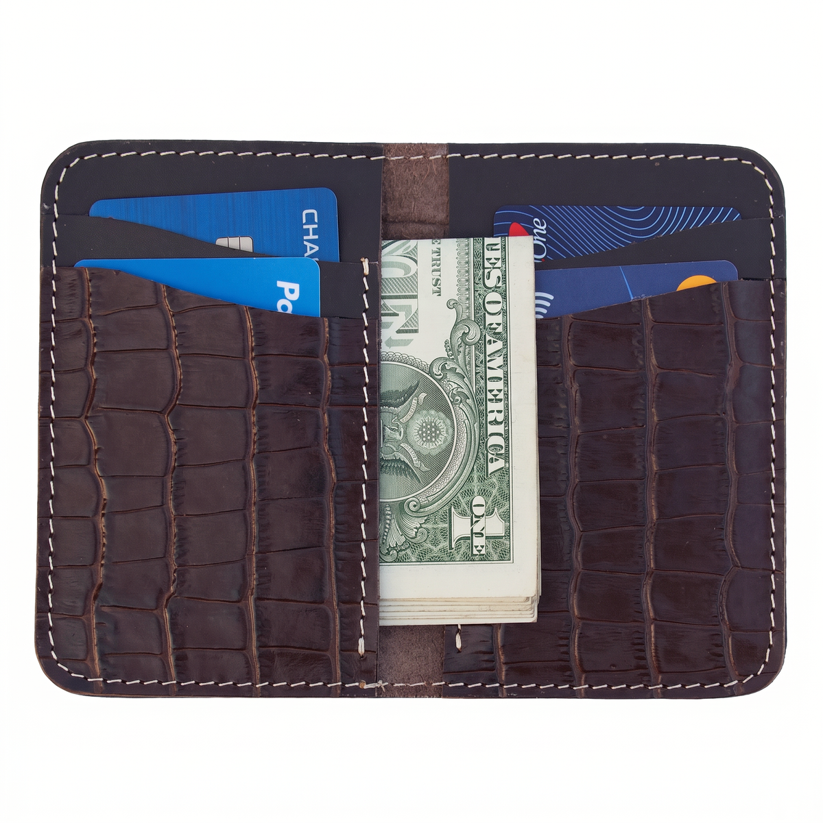 Handmade Full Grain Leather Bifold Wallet: Slim Vertical Alligator Design