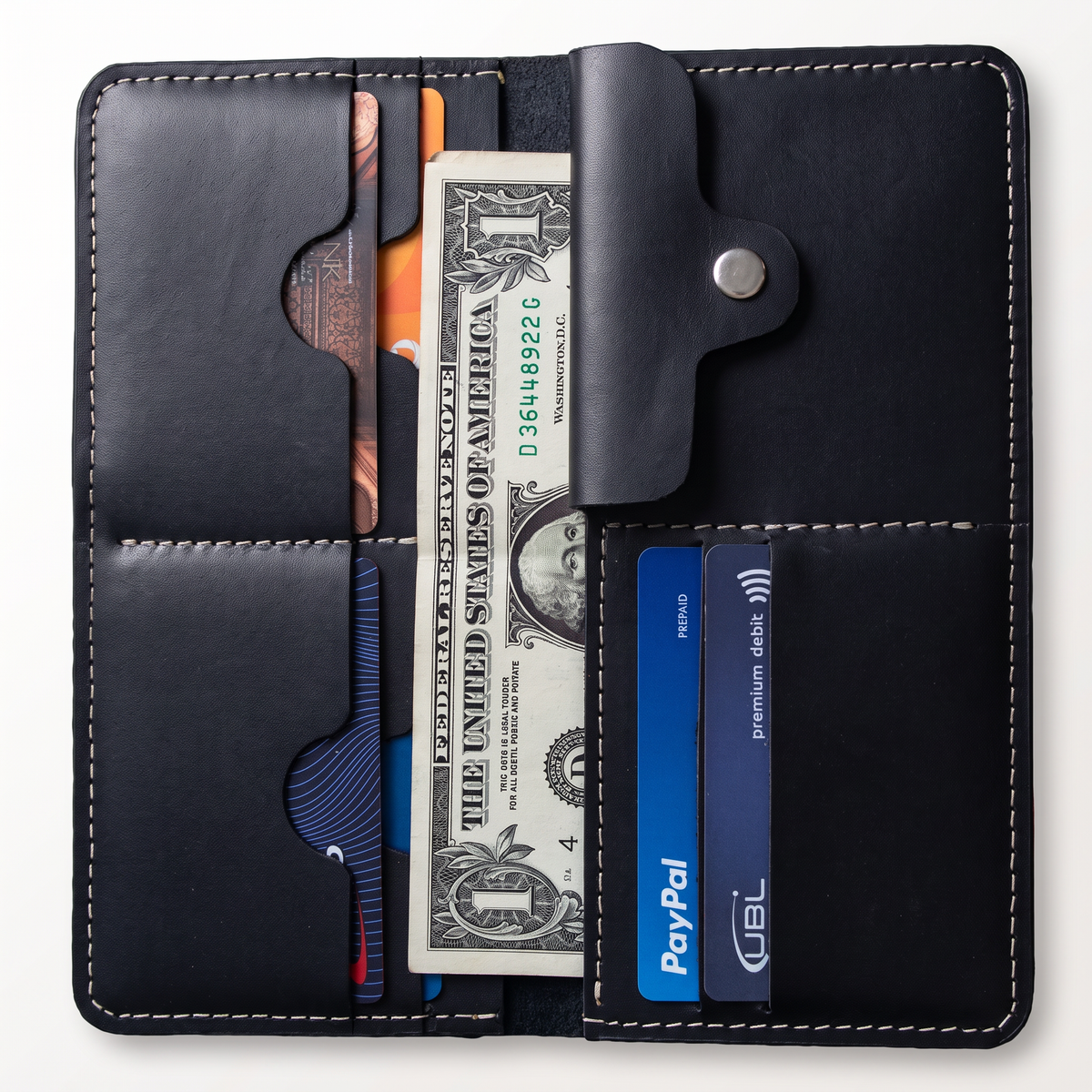 Handmade Full Grain Black Leather Bifold Long Wallet: Slim Minimalist Design