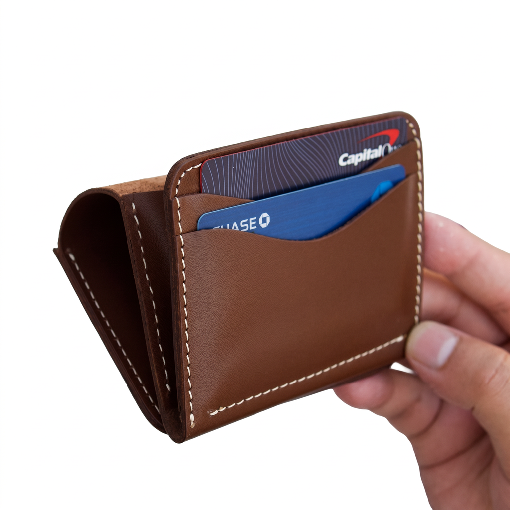 Handmade Full Grain Leather Bifold Wallet: Slim, Compact, Big Cash Pocket, Brown
