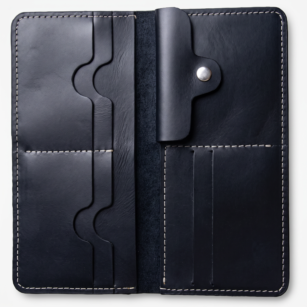 Handmade Full Grain Black Leather Bifold Long Wallet: Slim Minimalist Design