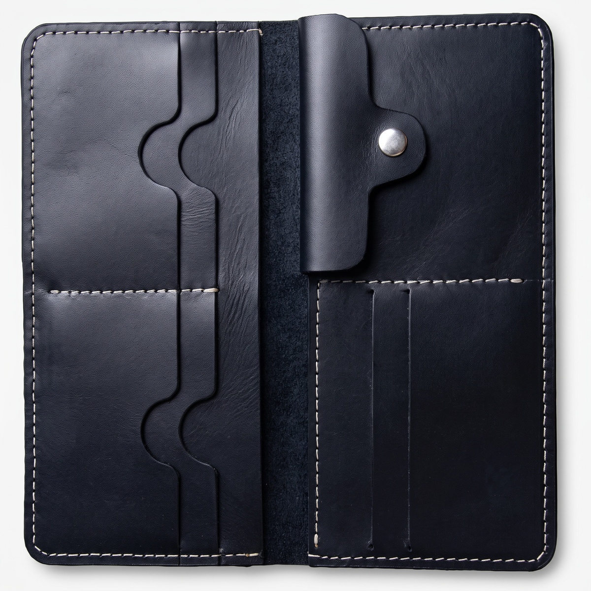 Handmade Full Grain Black Leather Bifold Long Wallet: Slim Minimalist Design