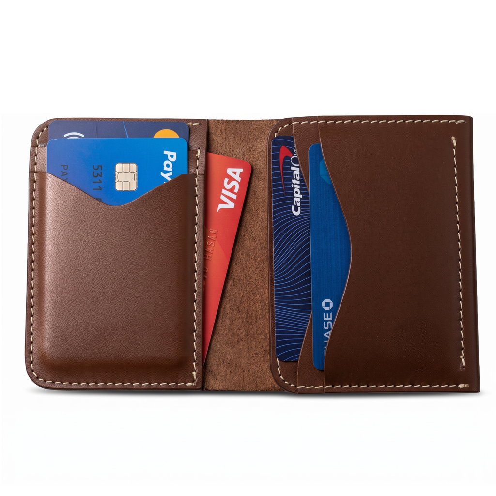 Handmade Full Grain Leather Bifold Wallet: Slim, Compact, Big Cash Pocket, Brown
