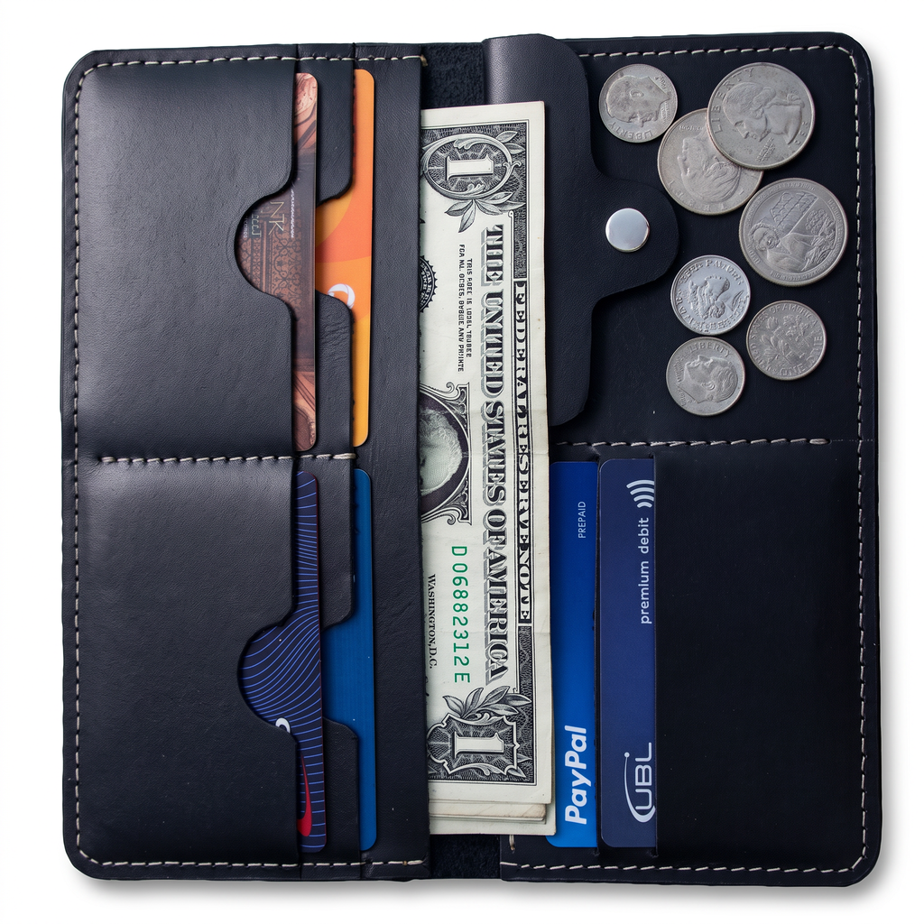 Handmade Full Grain Black Leather Bifold Long Wallet: Slim Minimalist Design