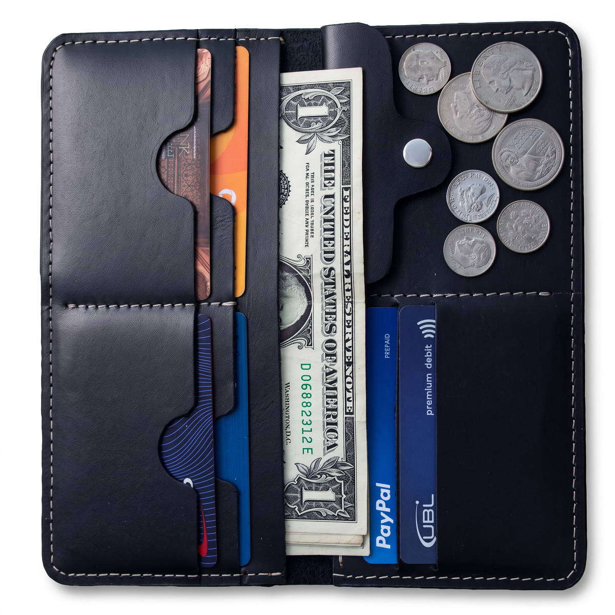 Handmade Full Grain Black Leather Bifold Long Wallet: Slim Minimalist Design
