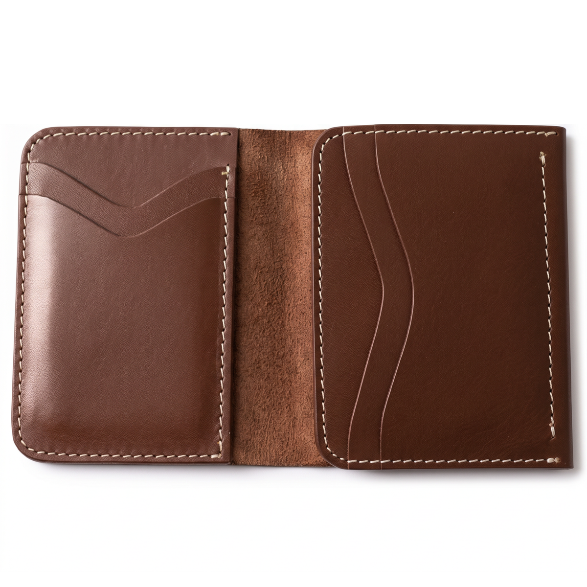 Handmade Full Grain Leather Bifold Wallet: Slim, Compact, Big Cash Pocket, Brown