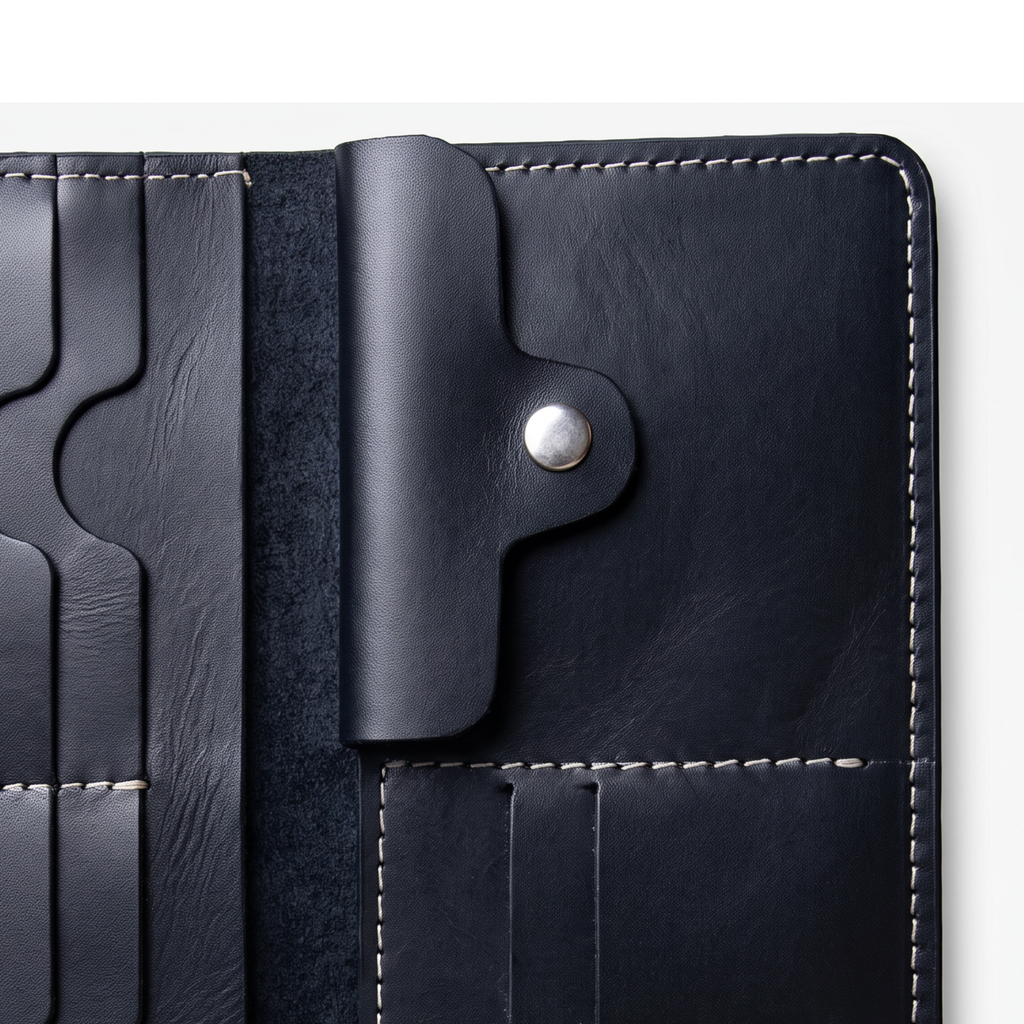 Handmade Full Grain Black Leather Bifold Long Wallet: Slim Minimalist Design