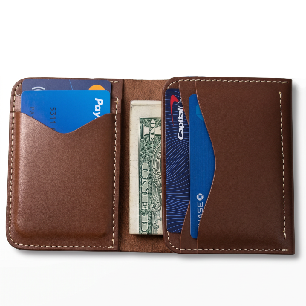 Handmade Full Grain Leather Bifold Wallet: Slim, Compact, Big Cash Pocket, Brown