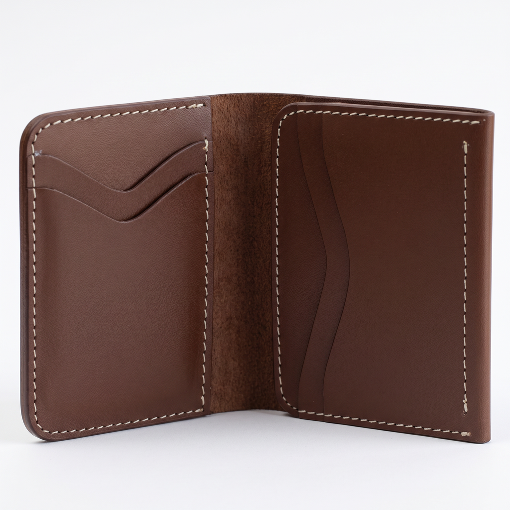 Handmade Full Grain Leather Bifold Wallet: Slim, Compact, Big Cash Pocket, Brown