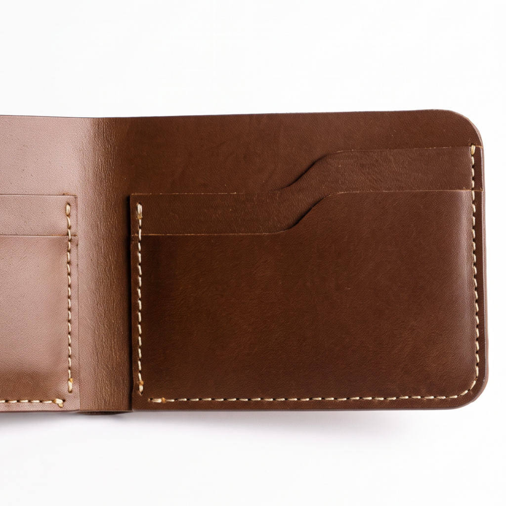Handmade Brown Full Grain Leather Bifold Wallet - Slim Minimalist Design