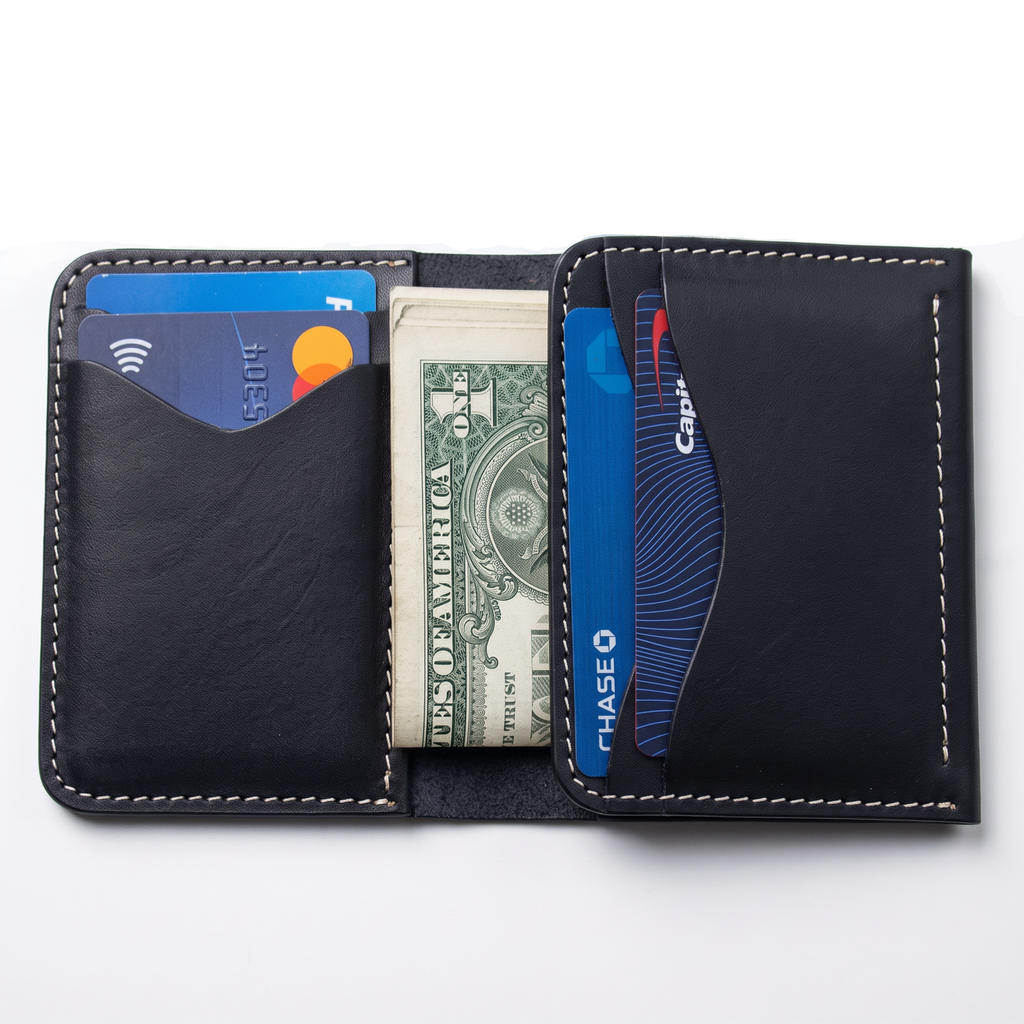 Handmade Full Grain Black Leather Bifold Wallet, Big Cash Pocket, Slim Minimalist Design