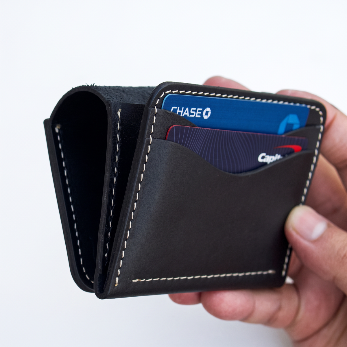 Handmade Full Grain Black Leather Bifold Wallet, Big Cash Pocket, Slim Minimalist Design