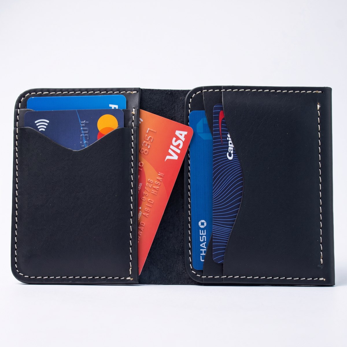 Handmade Full Grain Black Leather Bifold Wallet, Big Cash Pocket, Slim Minimalist Design