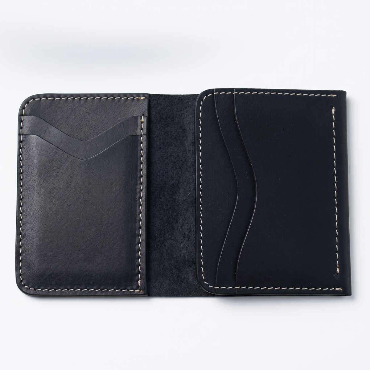 Handmade Full Grain Black Leather Bifold Wallet, Big Cash Pocket, Slim Minimalist Design
