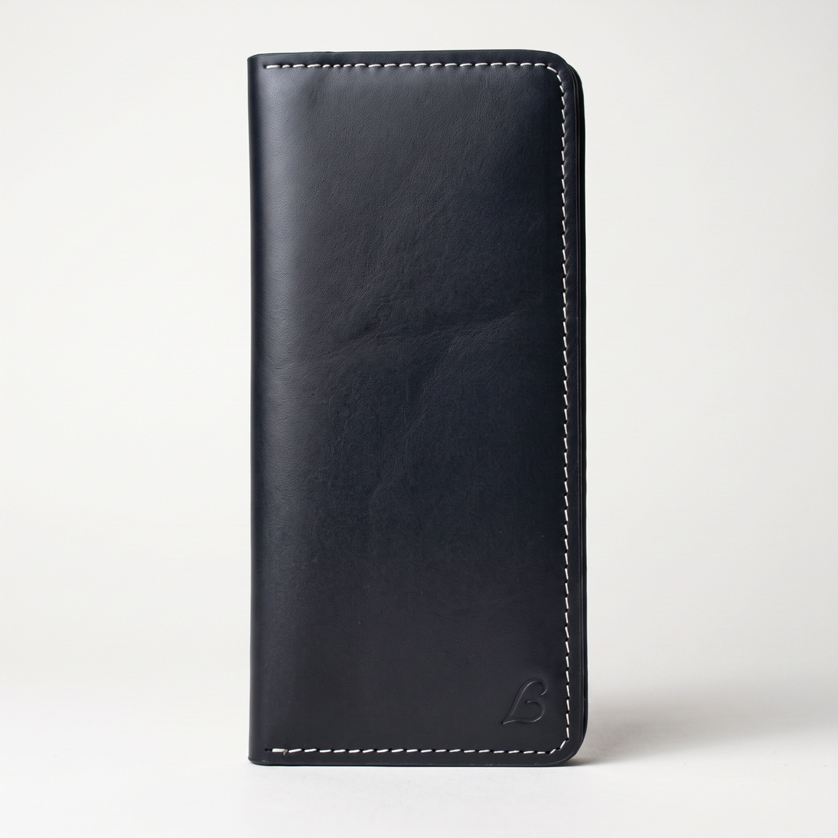 Handmade Full Grain Black Leather Bifold Long Wallet: Slim Minimalist Design