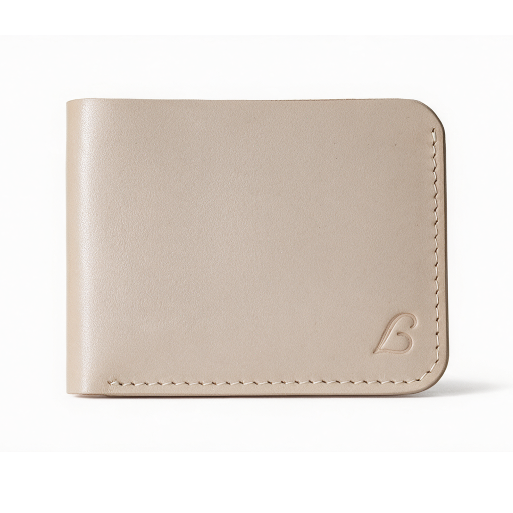 Handmade Natural Full Grain Leather Bifold Wallet - Slim Minimalist Design Beige Colour