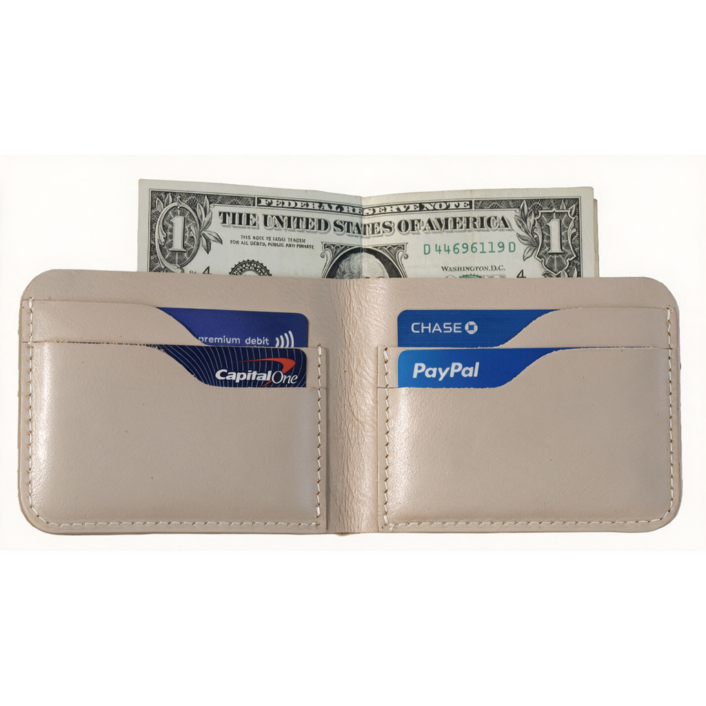Handmade Natural Full Grain Leather Bifold Wallet - Slim Minimalist Design Beige Colour