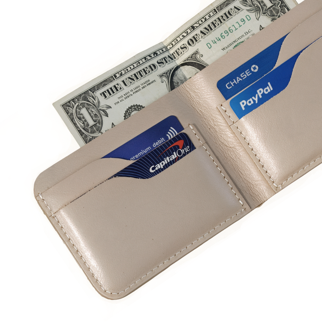 Handmade Natural Full Grain Leather Bifold Wallet - Slim Minimalist Design Beige Colour