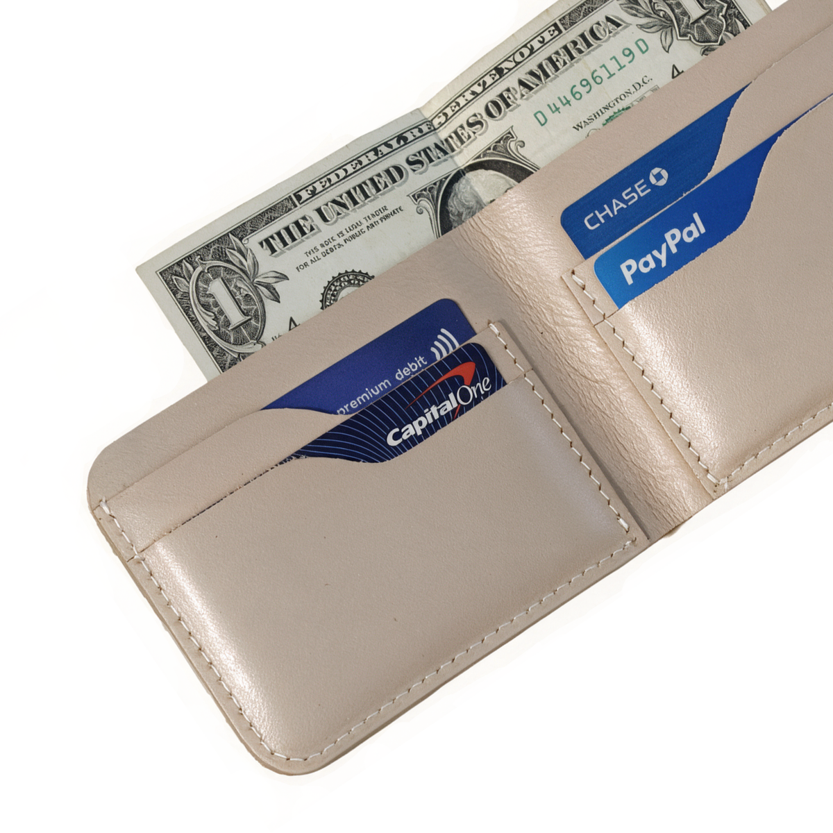 Handmade Natural Full Grain Leather Bifold Wallet - Slim Minimalist Design Beige Colour