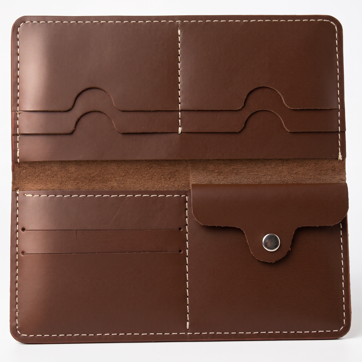 Handmade Full Grain Brown Leather Bifold Long Wallet: Slim Minimalist Design