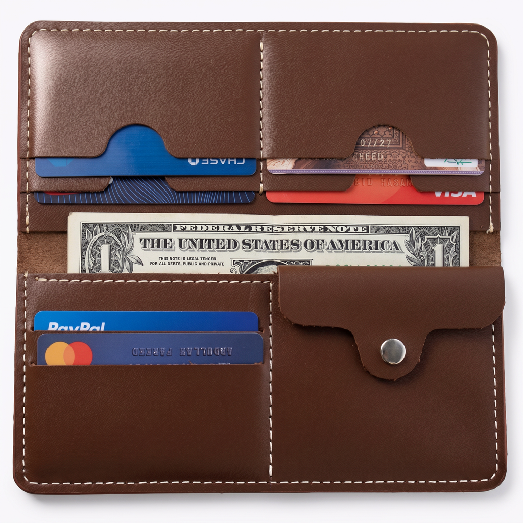 Handmade Full Grain Brown Leather Bifold Long Wallet: Slim Minimalist Design