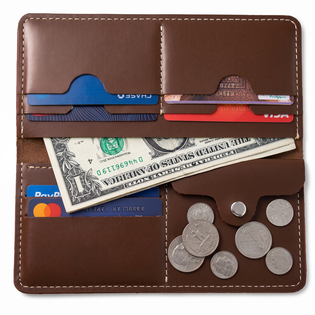 Handmade Full Grain Brown Leather Bifold Long Wallet: Slim Minimalist Design